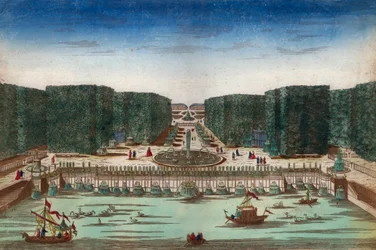 Aquae Lapsus em Hortis Versalicis - Vista óptica representando as cataratas de Versalhes no século XVIII - Ilustração por volta de 1760