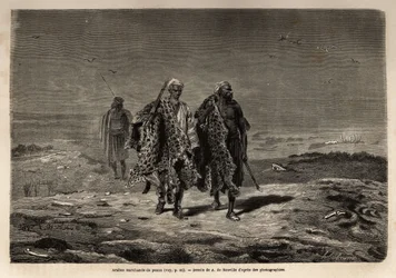 beduínos árabes, panthere skins e comerciantes de lã de ovelha, a caminho da marcha de Bagdad (Iraque). Engravure pour illustrrer le voyage dans la Babylon, en 1866, de Guillaume Lejean, em "Le tour du monde, nouveau journal des voyages" publicado sob o tí