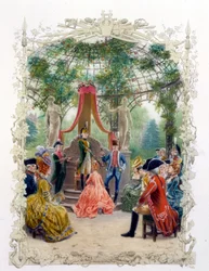 Cerimônia aristocrática num jardim (o castelo de Versalhes?) em "Uma mulher de qualidade no século passado" 1778