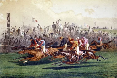 Chegada de uma corrida de cavalos. Ilustração do século XIX.