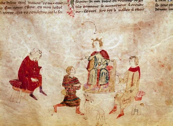 Arthurian Legend: "O Rei Artur no seu trono rodeia os seus conselheiros" Miniatura de "Meliadus, irmão de Tristão" Século XIV Veneza Biblioteca Marciana