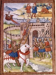 Ataque a um castelo. Episódio da Guerra dos 100 Anos. Manuscrito do século XVI. Biblioteca Victoria e Albert, Londres.
