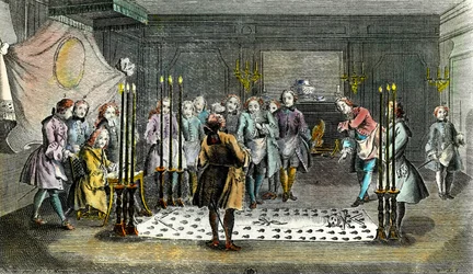 Assembleia de maçons para a receção de mestres. Gravura cerca de 1750. Coleção particular