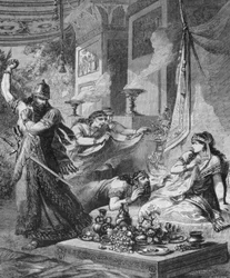Assuerus 1er (Xerxes 1er) descobre Aman (Haman) aos pés de Esther.