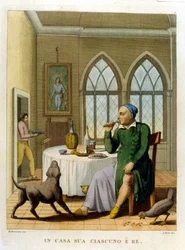 "Em casa, toda a gente é rei." Ilustração de uma colecção de provérbios do século XVIII.