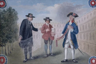 Aos três estados. Letreiro para um comerciante de cocardas no Palais-Royal. Palais-Royal