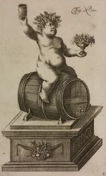 Baco no barril, manequim para lançar fogo de artifício, gravura de Grand Art d