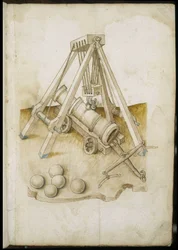 Pistola e elevador - Manuscrito: folha de pergaminho de um manual de engenharia para a construção de edifícios civis, religiosos e militares, anónimo, final do século XV (figura em tinta chinesa)