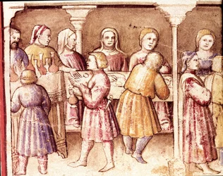 Cena de banquete em uma rica mansão de Pádua Miniatura do códice 212 (ou códice padovano ou Bíblia de Pádua) 1390-1400 Rovigo, Accademia dei Concordi