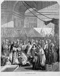 Bapteme of Clovis por Anastase II na Catedral de Reims em 25 de Dezembro de 498 - in "Histoire des popes", vol. 1, Maurice Lachatre.