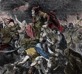 Batalha dos Campos Cataláunicos, onde os romanos, os francos e os visigodos reunidos derrotaram os hunos de Átila e os ostrogodos perto de Troyes, Aurora - Invasões bárbaras - (Batalha das Planícies Cataláunicas ou batalha de Châlons ou batalha de
