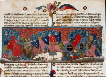 Cena de batalha, guerreiros de armadura se enfrentando Detalhe de uma página manuscrita "Os fatos dos romanos" (Sra. 1538) cerca de 1340 Florence, Biblioteca Riccardiana