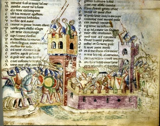 Cena de batalha num castelo fortificado. Miniatura do «Roman de Troie» de Benoît de Sainte-Maure.