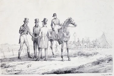 Aposta na borda do campo de provas com um jóquei a cavalo - litografia, deb. Século XIX