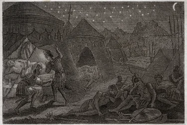 Bíblia de Royaumont, Velho Testamento: David salva Saul. Davi tem Saul em suas mãos, mas ele não o machuca. Ele só pega na lança e no seu copo. Ilustração de 1811.