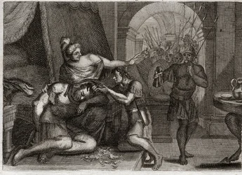 Bíblia de Royaumont, Velho Testamento: Morte de Sansão. Sansão descobre Dalila que sua força estava em seu cabelo. Ela corta-lhe o cabelo e traz os soldados filisteus para a sala. Ilustração de 1811.