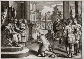 Bíblia de Royaumont, Velho Testamento: Punição de Aman. Assuero I (Xerxes I) pendura Aman (Haman) da forca que ele tinha preparado para Mardochee (ou Mordekhai ou Mordecai), e retira a Edição da Morte que ele tinha publicado em todo o seu reino contra a