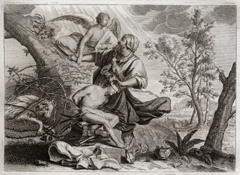 Bíblia de Royaumont, Velho Testamento: Sacrifício de Abraão. Um anjo segura a mão de Abraão antes do sacrifício de seu filho Isaque. À esquerda, o mais fiel de Abraão matará em seu lugar. Ilustração de 1811.