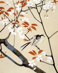 Ave e cerejeira em flor - Desenho japonês de Riou Chim, final do século XIX