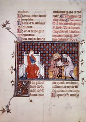 Blanche de Castille, Rainha de França (1188-1252), dirigindo a educação de seu filho Luís IX (1214-1270) (Saint Louis Miniature de um manuscrito "Vida e Milagres de Saint Louis", de Guilherme de Saint Pathus. 1320. Paris, B.N.