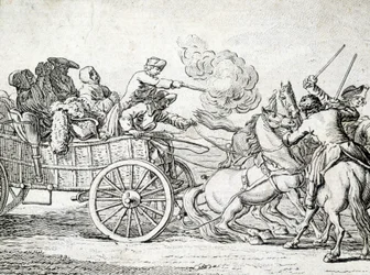 Brigands a atacar passageiros numa carroça. Gravação por um anónimo do século XVIII.