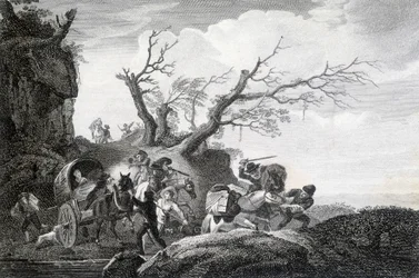 Brigands a atacar viajantes numa estrada rural. Gravação de um anônimo do século 18.
