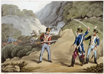 Soldado britânico capturou dois oficiais franceses na Batalha dos Pirenéus - em "Historical, Military and Naval Anecdotes..." por Edward Orne