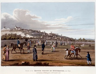 Tropas britânicas em Montmartre - em "Historical, military and naval anecdotes and incidents that arrived at the arms of Britain and their allies ending in Waterloo", de Ed. Orme, ill. de Fry, Sutherland Clark, Dubourg, Heath, Atkinson, ed. 1819, Londres.