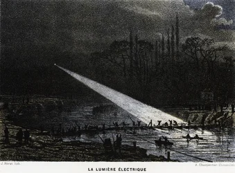 Construção de defesas ao longo do Sena, à noite, utilizando arco de luz. Verruga franco-prussiana
