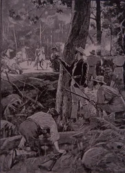 Bushrangers, foras-da-lei australianos, roubam uma escolta de ouro (gravura)