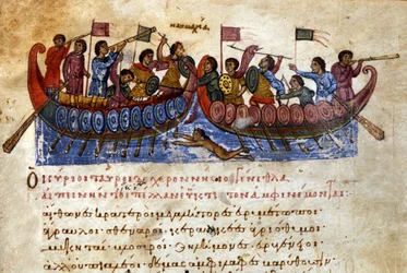 Batalha naval bizantina. Um nadador de assalto ataca o navio inimigo. Manuscrito do século XI. Veneza, bibl. Marciana.