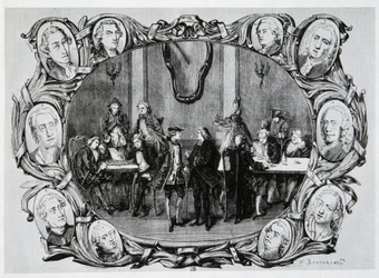 Café Procope em Paris no século XVIII com Buffon, Gilbert, Diderot, D