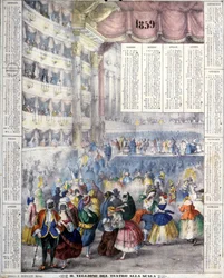 Calendário de 1859 representando uma noite de Carnaval no Teatro alla Scala, em 1859.