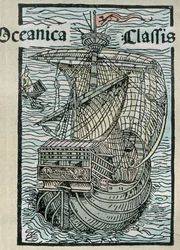 Caravela "La Pinta" da expedição de Cristóvão Colombo (gravura a cores)