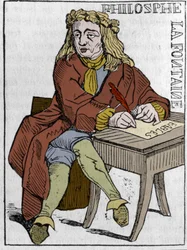 Carta a tocar da República Francesa (1793) publicada na Convenção Nacional em 21/09/1792, após a queda dos Reinos: o caráter do filósofo sob os traços de Jean de la Fontaine (1621-1695) poeta francês. Em "A pitoresca loja" 1