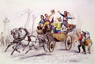 Carnaval. Fetards disfarçados em uma carruagem. Gravura de 1846. paris, museu do carnaval.