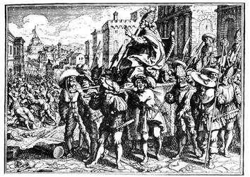 Desenho animado sobre o Papa Inocêncio I durante a invasão e pilhagem de Roma por Alarico I, Rei dos Visigodos, em 410 (Sagrado de Roma). Gravura - em "A Crónica de Goffredo".