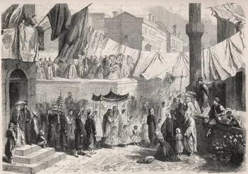 Procissão Católica nas ruas de Constantinopla por ocasião da Fete Dieu (Fete-Dieu) - Gravura em "O Mundo Ilustrado