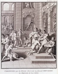 Cerimônias que os incas observam fazendo dos cavaleiros os príncipes do seu sangue - em "Viagem Histórica da América do Sul feita por Ordem do Rei de Espanha" por Don Georges Juan & Don Antoine de Ulloa, T.II, ed. Jombert, Librairie du Roi, Paris