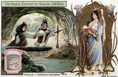 Chactas e pai Aubry enterram Atala e retrato da heroína - Cena de Atala ou Les Amours de deux sauvages dans le desert, de François Rene de Chateaubriand (1768-1848) - Cromolitografia de Liebig