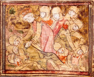 Carlos Magno (742-814) encontra o corpo de seu sobrinho Roland que morreu na Batalha de Roncesvaux Miniatura de "Grandes Crônicas da França" 1375-1379 Biblioteca Municipal, Castres