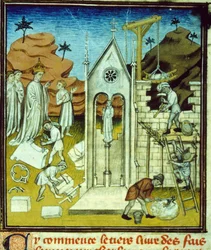 Visita de Carlos Magno ao local de construção de uma catedral - Iluminação de manuscrito sobre velino da Idade Média "Grandes Crônicas de Saint-Denis" fins do século XIV (ref. 512, 096r) Pedido de permissão para a Biblioteca Municipal de Toulouse (tel: 05 
