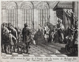 Carlos V (1500-1558) entregou o faix do Império a Filipe II (Felipe) (1527-1598), seu filho, em 25 de outubro