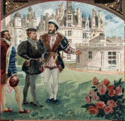 Charles V recebido por François I no Chateau de Chambord. Cromolitografia do final do século XIX