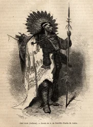 Chefe Yellow Moccassin, da tribo indígena Crow, que vive ao longo do rio Lewis. Gravura para ilustrar uma excursão entre as tribos indígenas das bacias da Colômbia e do Alto Missouri, de G. Catlin, em 1855, publicada em "le tour du monde", sob o