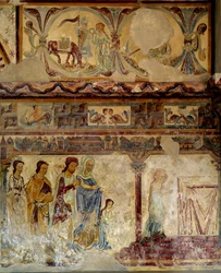 Infância da Virgem Depois dos afrescos dos séculos XII e XIII da igreja do velho Pouzauges em Vendee.