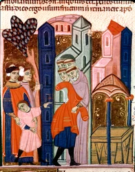 As crianças são confiadas aos monges para a educação Miniatura do Código Justiniano (Codex Justinianus), uma coleção de leis e instituições redigidas sob o Imperador Romano Justiniano I de Bizâncio (483-565)