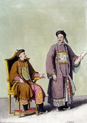 Imperador chinês de tártaro com o seu mandarim - in" Le costume ancien et moderne" de J. Ferrario, ed. Milão