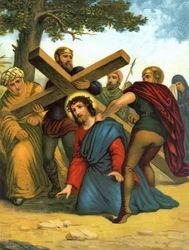 Cromolitografia do final do século XIX, retratando a vida de Cristo: Jesus cai primeiro debaixo da cruz.