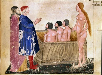 Círculo de Aduladores: Dante e Virgil conhecem Alessio Interminelli (ou Intermineii), Senhor de Lucca, e Thais, a prostituta. Página iluminada ilustrando a 18ª canção do Inferno da "Divina Commedia" de Dante Alighieri (1265-1321). Século XIV, Veneza,